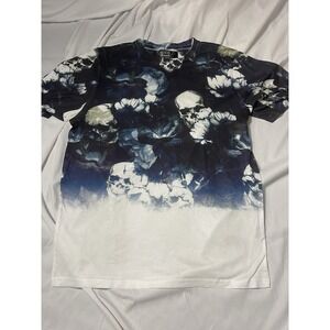 Broken Threads T-Shirt Mens L Skull Head Graphic Grunge Black Blue Tye Dye Top